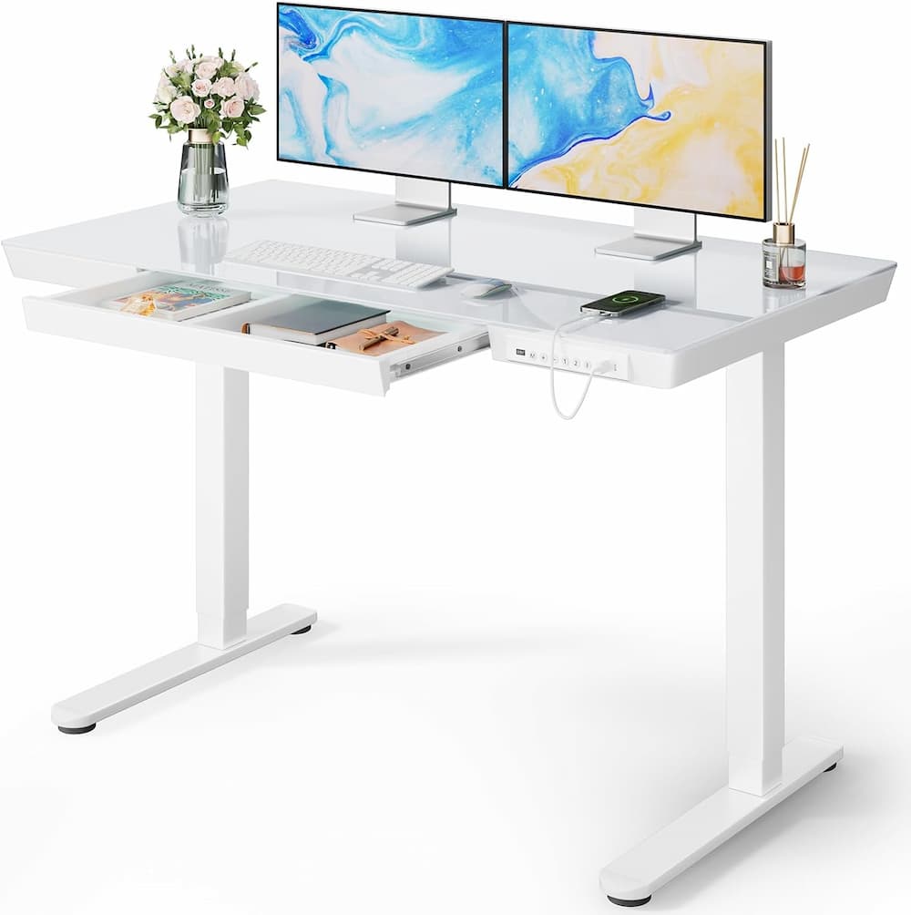 Marsail Glass Standing Desk with Drawer